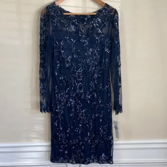 Patra Midnight Blue Long Sleeve sheer & sequin dress size 14 - Picture 2 of 12
